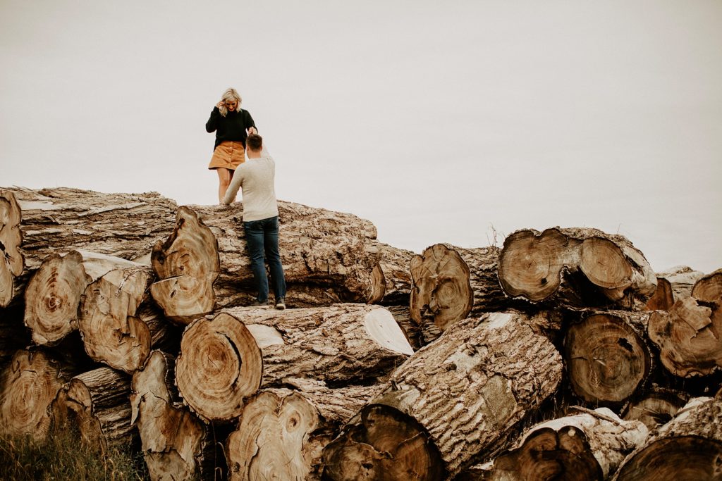 couple standing on logs