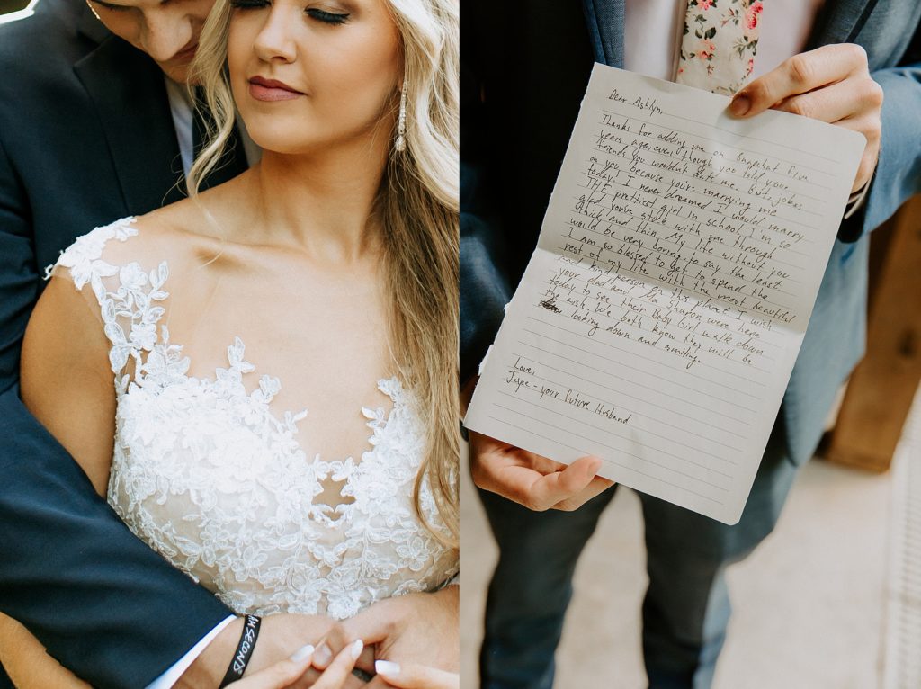 groom with a letter from the bride