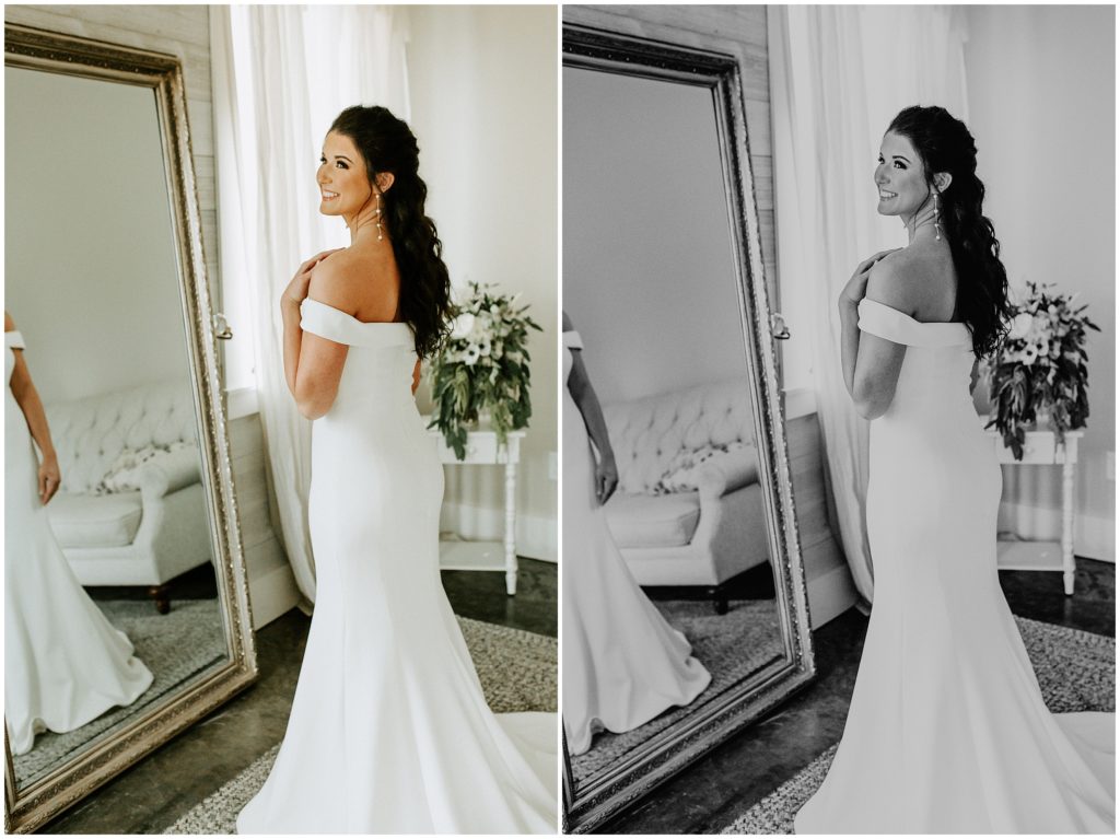 bride posing in front of mirror